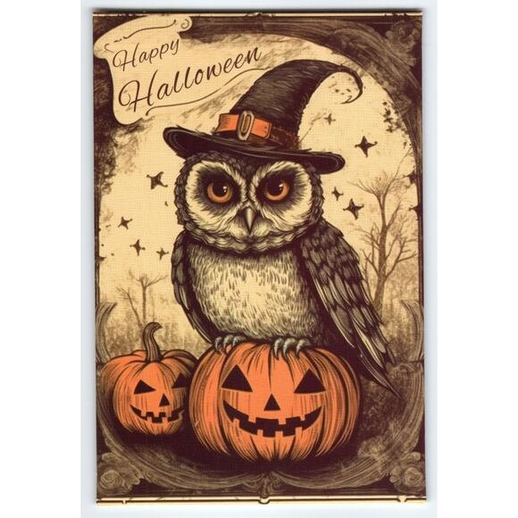 Vintage Style Halloween Owl on Jack-O'-Lanterns Photochrome Postcard - Picture 1 of 2